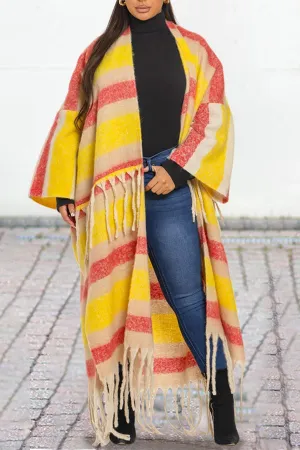 Stylish Color Blocked Fringe Detail Shawl