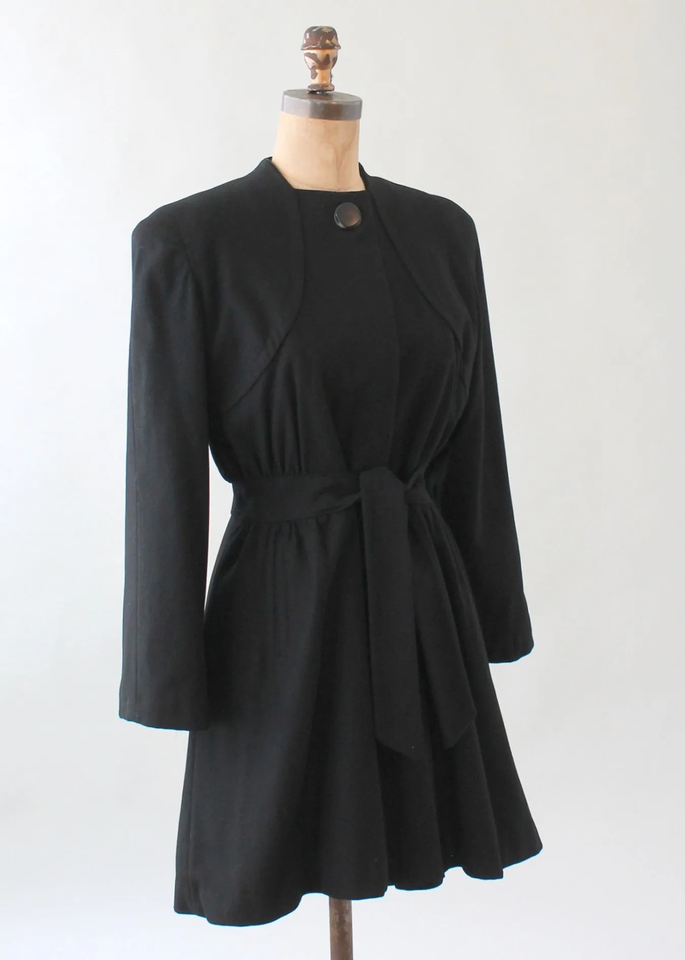 Vintage 1940s Black Wool Car Length Princess Coat