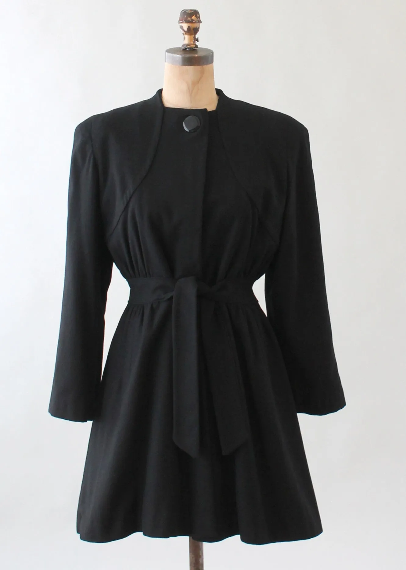 Vintage 1940s Black Wool Car Length Princess Coat