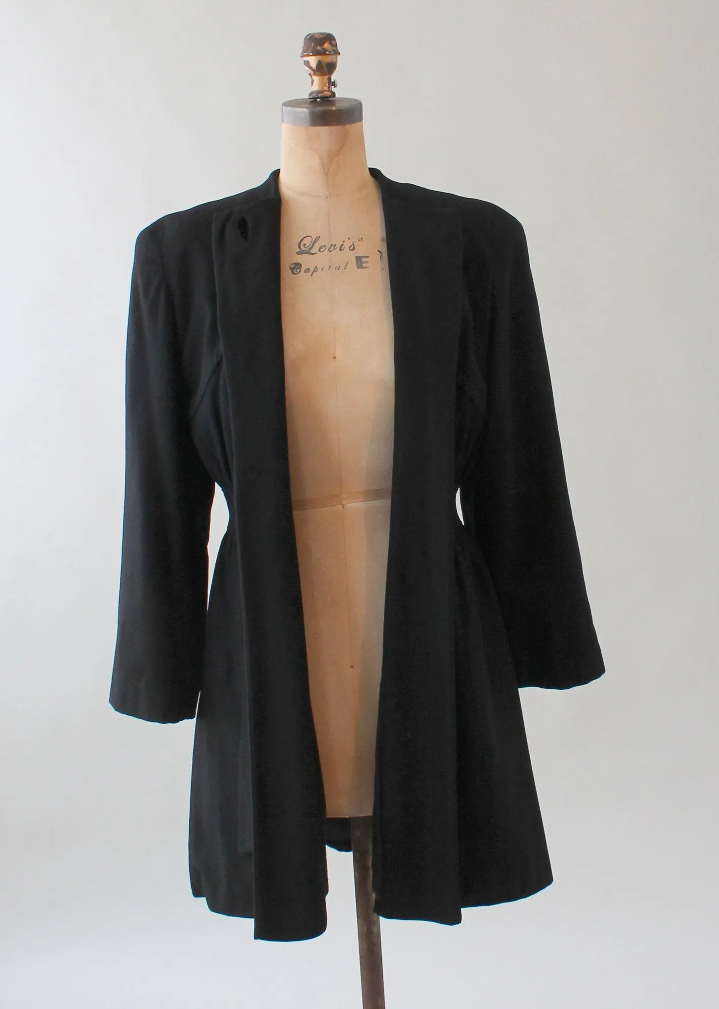 Vintage 1940s Black Wool Car Length Princess Coat