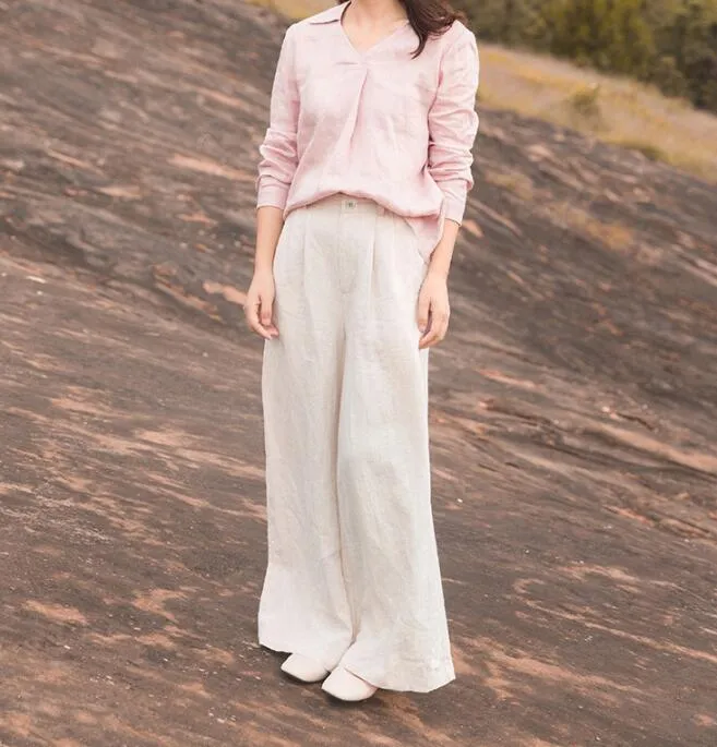 White Linen Wide Leg Women Casual Pants SJ97235