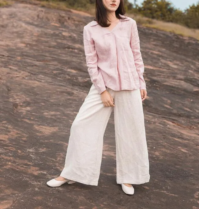 White Linen Wide Leg Women Casual Pants SJ97235