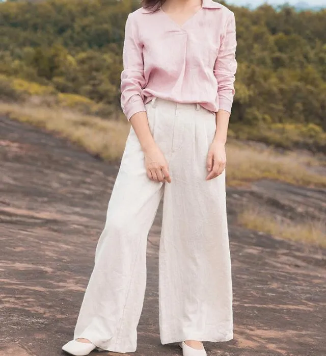 White Linen Wide Leg Women Casual Pants SJ97235