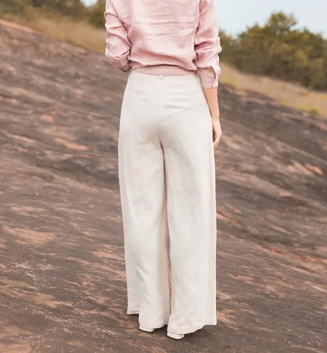 White Linen Wide Leg Women Casual Pants SJ97235