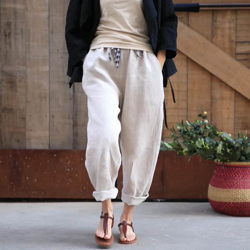 White Women Casual Linen Wide Leg Pants Z98409