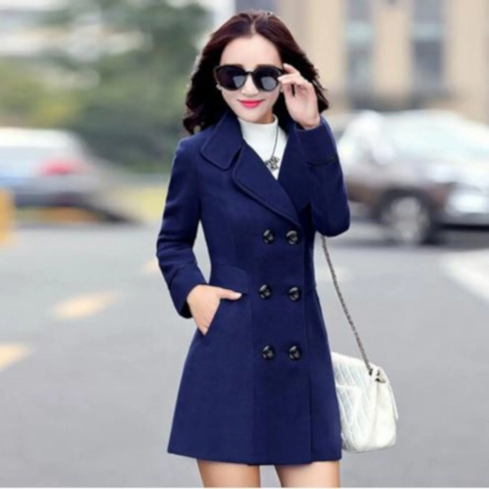 Womens Blue Double Breasted Lightweight Peacoat Dress Jacket