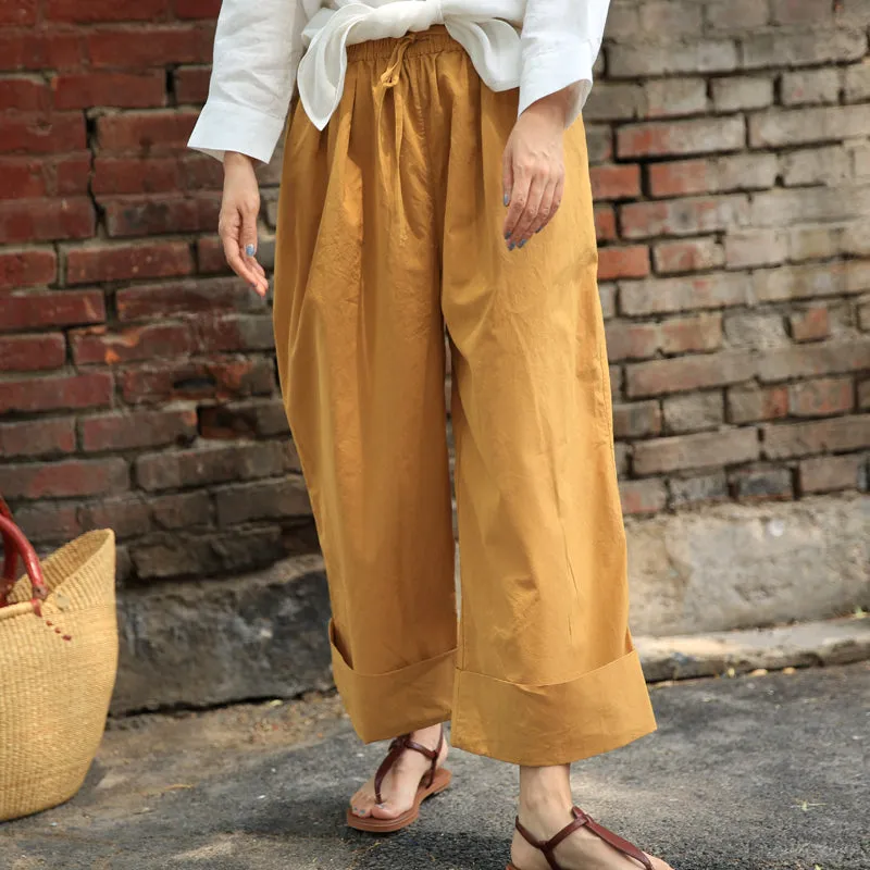 Yellow Women Casual Cotton Pants With Pockets Z98408